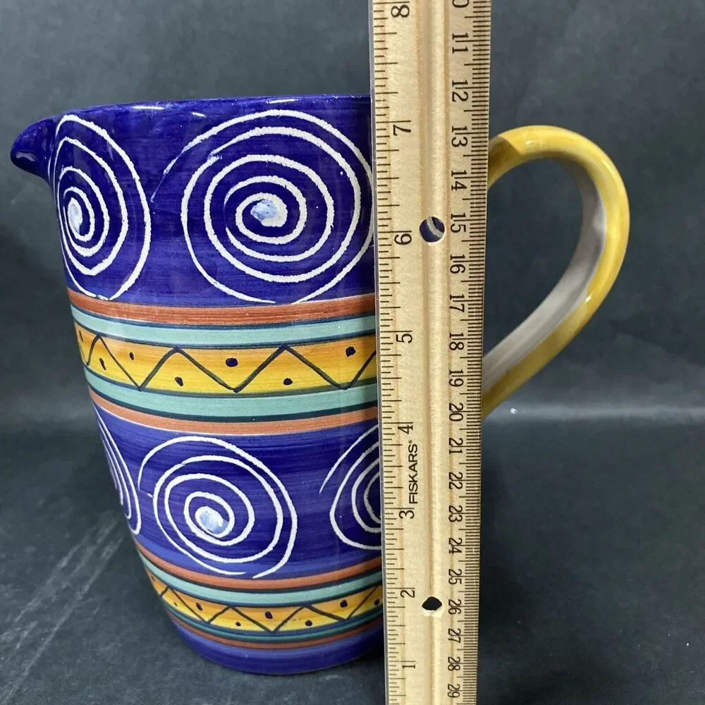Pier‎ 1 Italian Swirl Ceramic Juice Water Pitcher 7.5” Blue Yellow Hand Painted